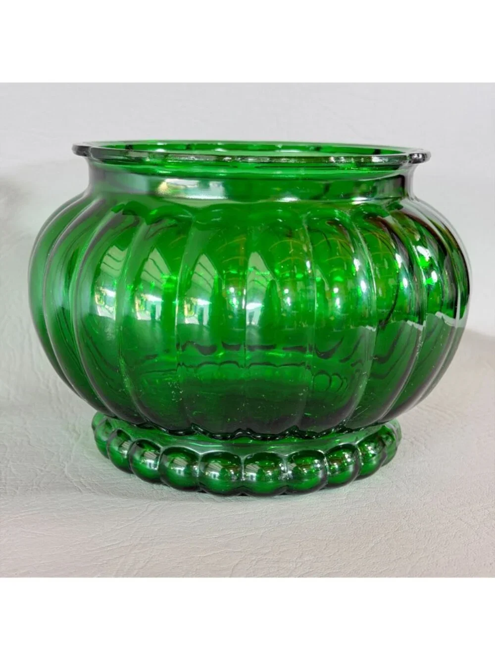 Vintage Forest Green Glass Rose Bowl Ribbed Bulbous Planter Ivy Vase 6